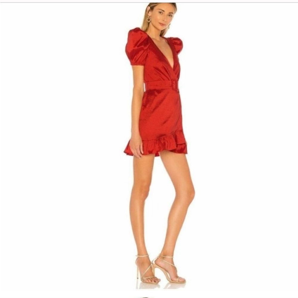 Lovers + Friends Mini Wrap Dress Size XS Red Ruffles Puff Sleeves New